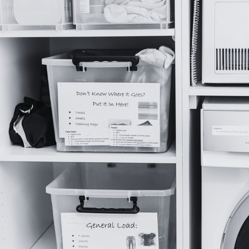 organising-image - Eva Rado black and white image of labelled laundry tubs