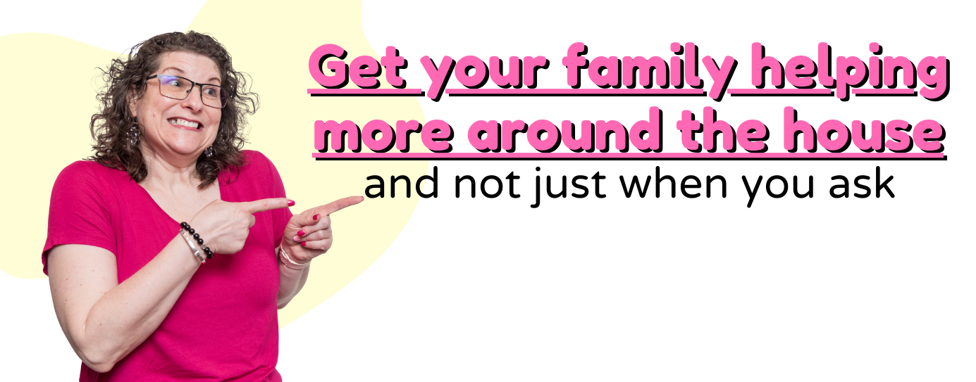 Webinar banner - Eva Rado Eva smiling excitedly and pointing to the title "Get your family to help more around the house - the fun and easy way"