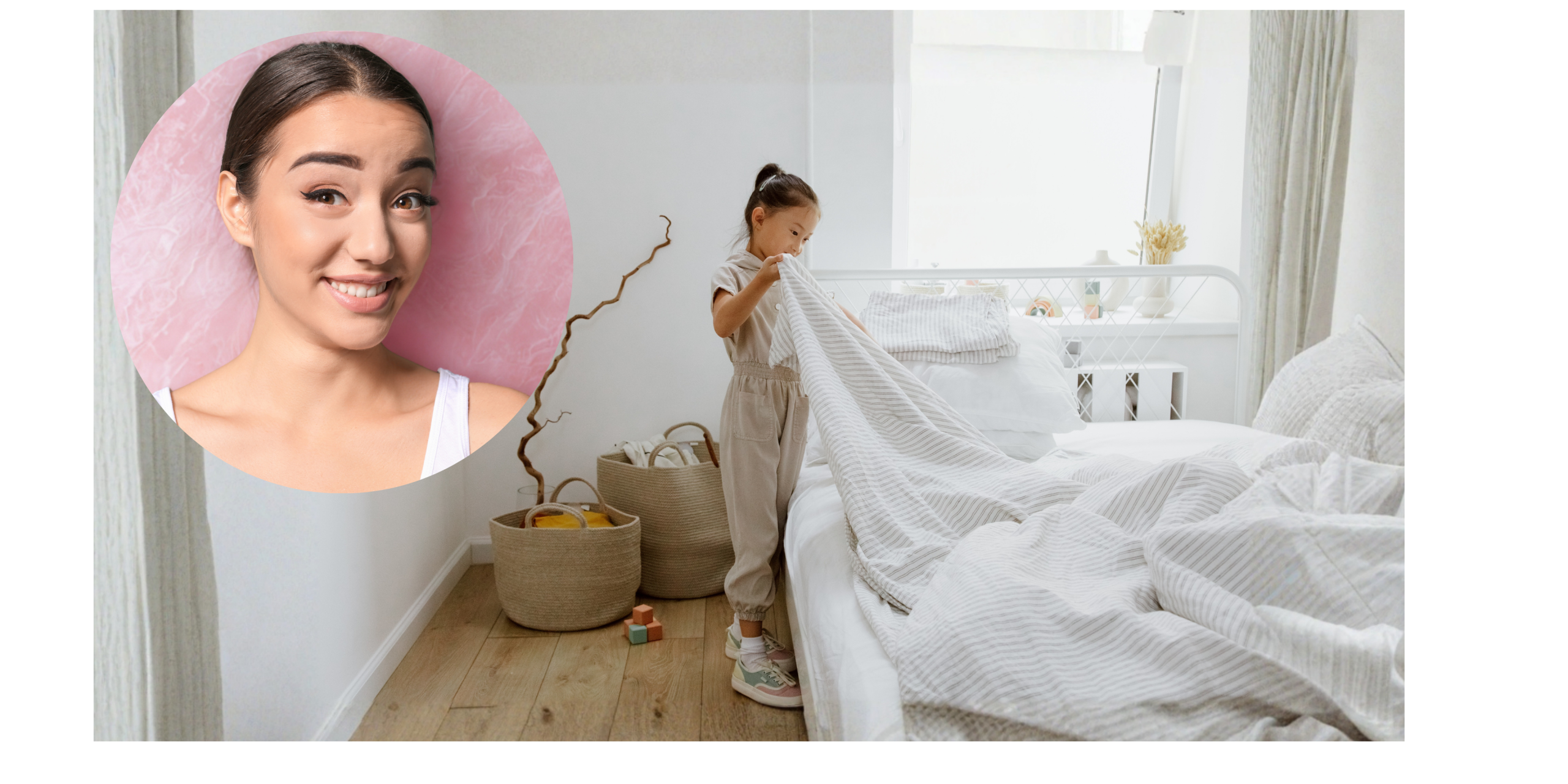 curious mum bedmaking - Eva Rado Mum stepping back to let her child take the lead on a household task.