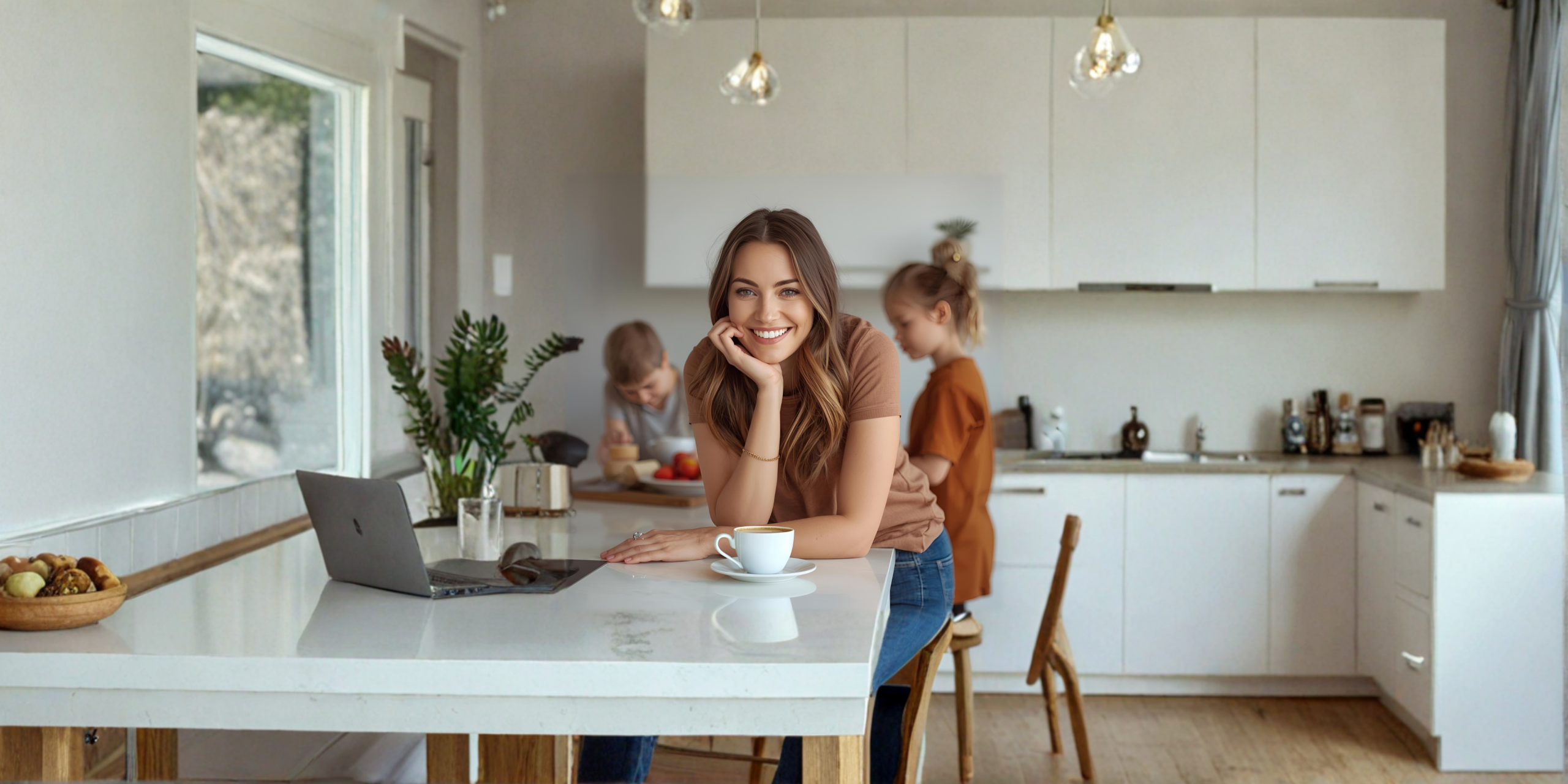 work focus mum - Eva Rado Mum enjoying a moment of calm while kids engage in household tasks