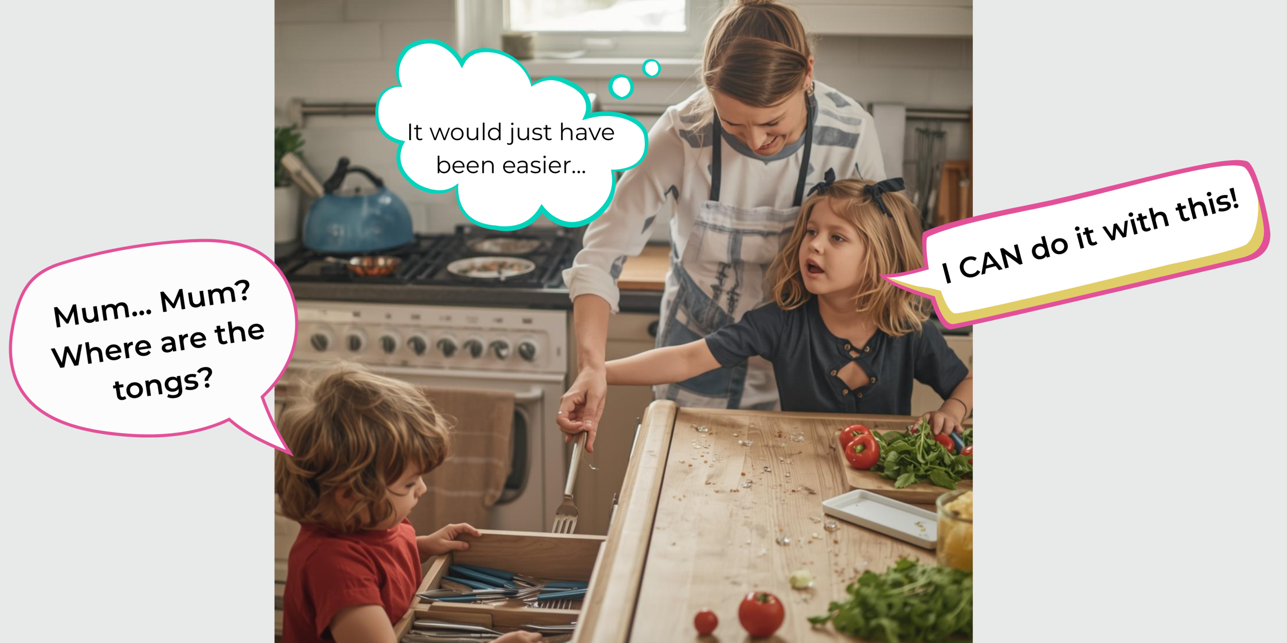 kitchen 'help' - Eva Rado Mum still managing everything while others are “helping” but relying on her for direction.