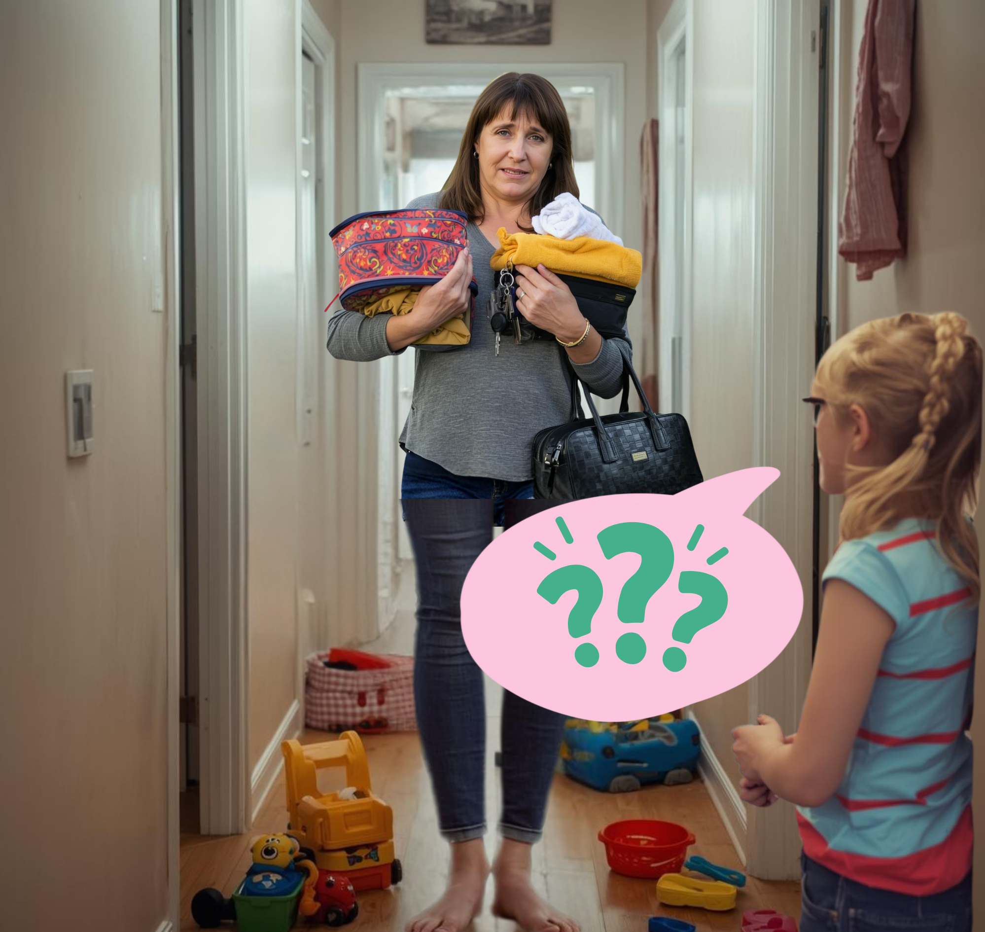 mum carry all - Eva Rado Overloaded mum juggling multiple tasks while still guiding family members.