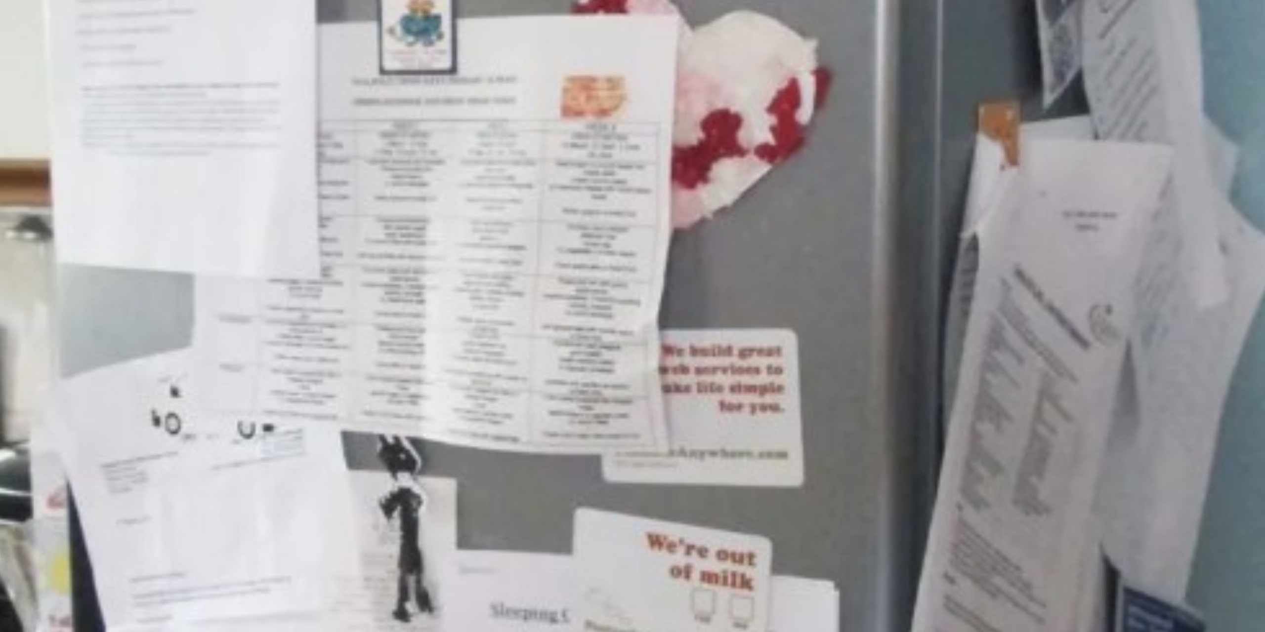 Fridge covered with notes, lists, and reminders