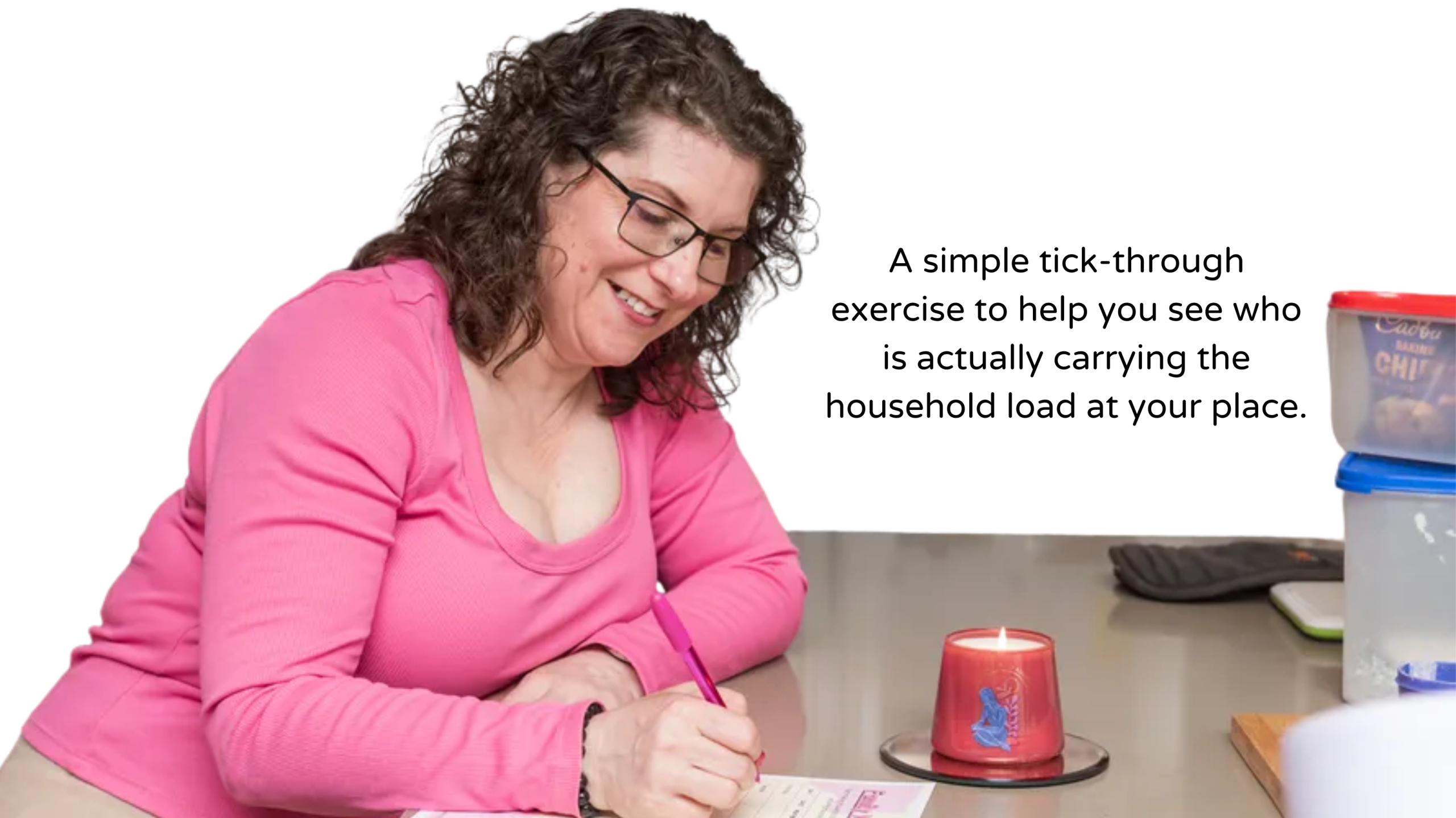 Household Management Assessment banner - Eva Rado Eva Rado completing a household workload assessment to reveal who is carrying the household mental load.