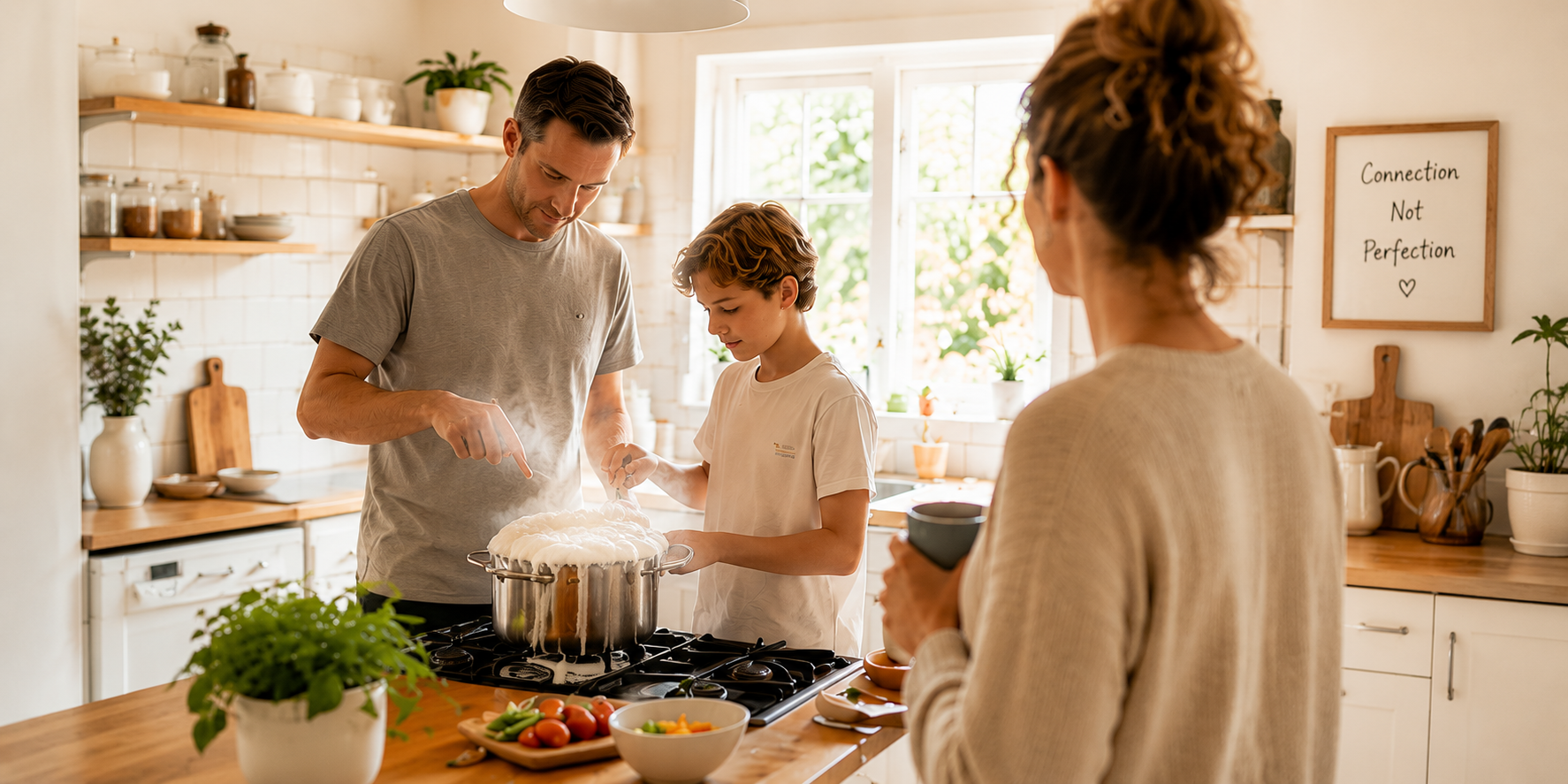 Dinner overboils - Eva Rado Family sharing household responsibilities in the kitchen while mum steps back from managing everything