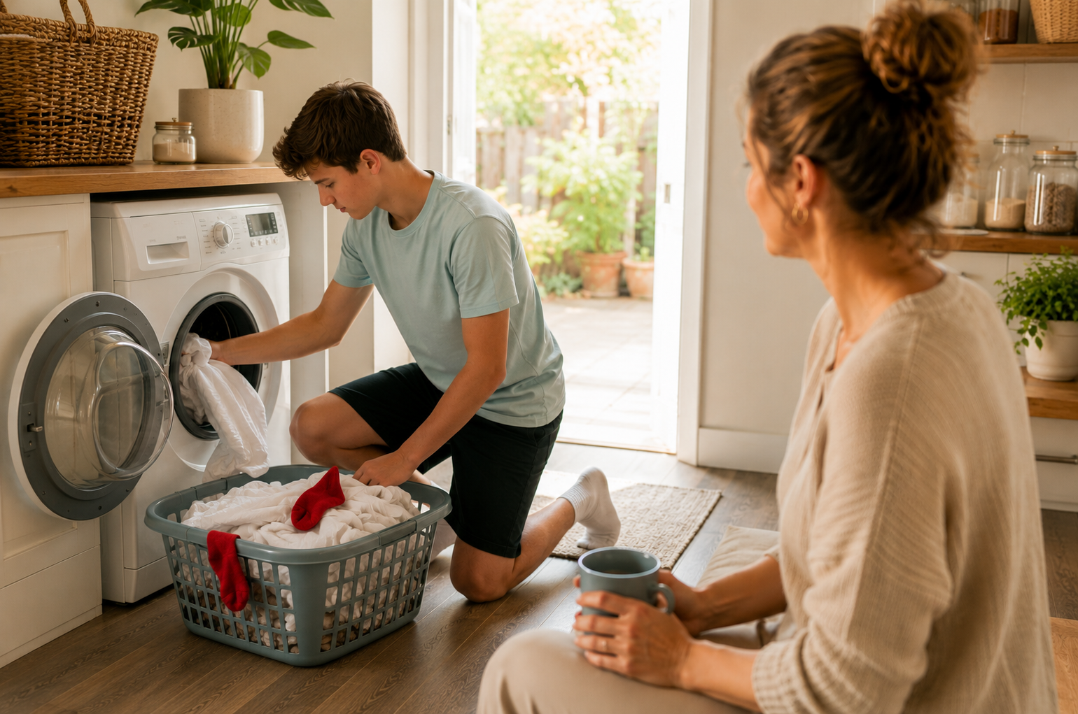red socks in the wash - Eva Rado Teen doing laundry independently while mum steps back from managing household responsibilities