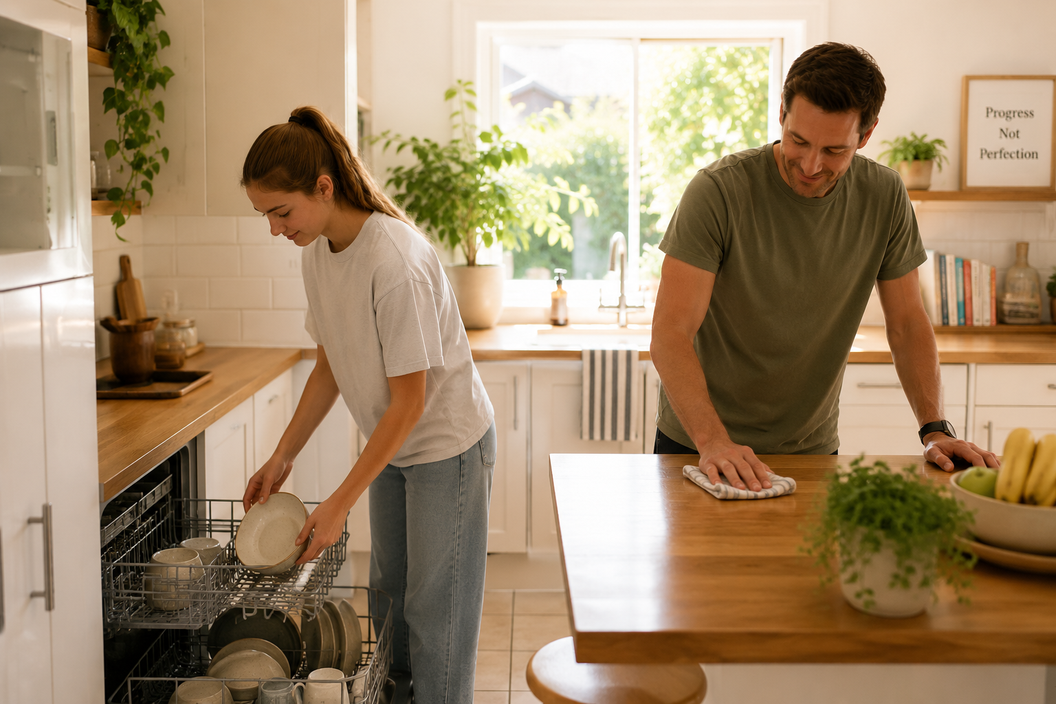 teen and dad in kitchen - Eva Rado Teen girl unloading the dishwasher while her dad cleans the kitchen bench in a calm family home